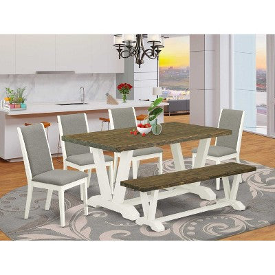 HomeStock 6-Piece Rectangle Distressed Jacobean Finish Solid Wood Top Dining Table with 1-Bench, 4-Chairs