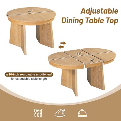 Rattan Round Dining Table Set for 4, Extendable Dining Set with 4 Upholstered Chairs, Kitchen Table and Chairs Set for Small Space, Natural Wood Wash