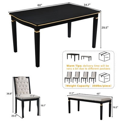 Retro 6 Pieces Kitchen Dining Table Set, Rectangular Table and 4 High-Back Tufted Chairs & Bench, Wood Dining Room Table Set for 6