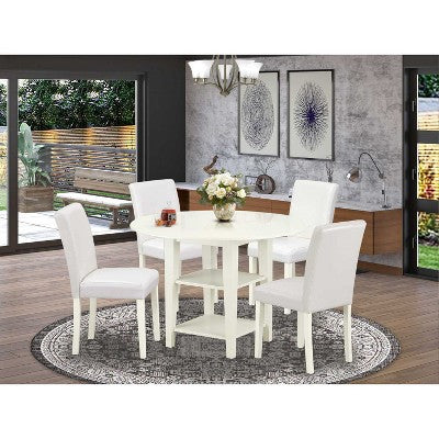 HomeStock 5-Pc Linen White Finish Solid Wood Top-Round Dining Room Set with Dropleaf-Seats 4