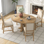 Farmhouse 5 Piece Kitchen Dining Set for 4, Solid Wood Extendable Round Dining Table Set and 4 Upholstered Chairs for Kitchen