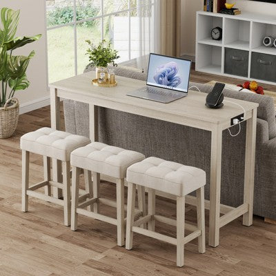 Costway 4PCS Bar Table Set w/Charging Station 3 Padded Stools for Living Room Kitchen