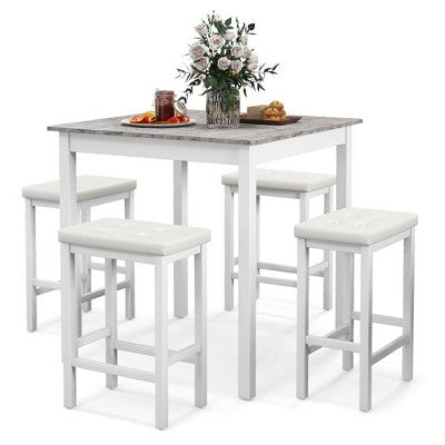 Costway 5 PCS Bar Table Set Square Dining Table & 4 PVC Leather Upholstered Bar Stools Brown/White