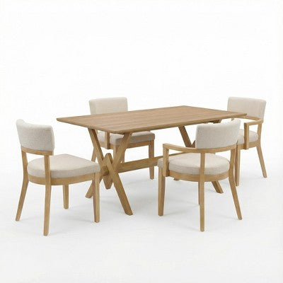 Christopher Knight Home Raisa 5 Piece Farmhouse Rubberwood Dining Set with Boucle Upholstered Chairs