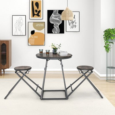 Costway 3-Piece Bar Table Set Round Pub Dining Table & 2 Foldable Stools w/ Metal Frame