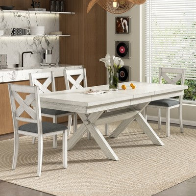 VECELO Rustic 6-Piece Extendable Dining Table Set, Rubber Wood Table with 4 Armless Upholstered Dining Chairs and Bench for Kitchen, Gray