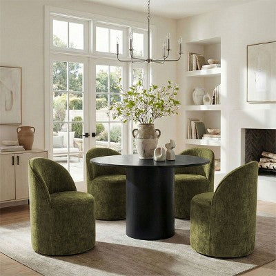 5-Piece Dining Table Set for 4, Modern Barrel Chair with Wheels and Chenille Upholstery, Black Round Pedestal Table-Panipeachy