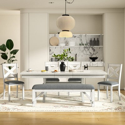 VECELO Rustic 6-Piece Extendable Dining Table Set, Rubber Wood Table with 4 Armless Upholstered Dining Chairs and Bench for Kitchen, Gray