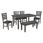 6-Piece Farmhouse Dining Table Set Dining Set with Rustic Dining Table, 4 High-back Dining Chairs and Bench, Natural Wood Wash/Gray-ModernLuxe