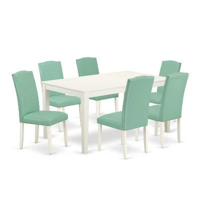 HomeStock 7-Pc Rectangle Linen White Finish Solid Wood Top Dining Table with 6 Parson-Chairs