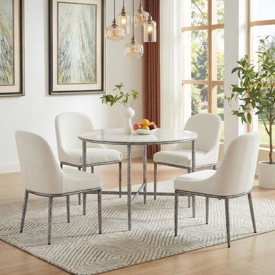 Christopher Knight Home Valeska 5 Piece Industrial Luxe Hand-Forged Sintered Stone Dining Table with Upholstered Dining Chairs