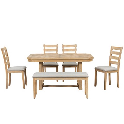 6 PCS Rubber Wood Dining Table Set with Beautiful Wood Grain Veneer Tabletop and Soft Cushion-ModernLuxe