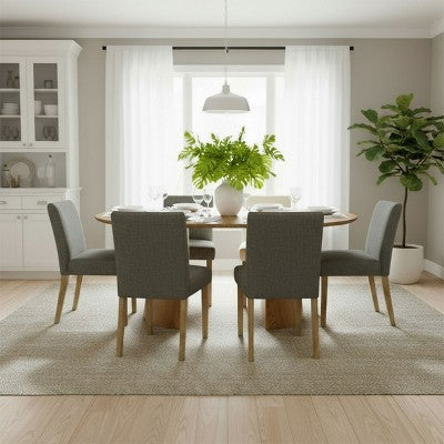 47-83 Extendable Dining Table Set for 6, Natural Wood-Tone Table and 6 Linen Armless Chairs with Solid Wood Legs for Dining Room-Panipeachy