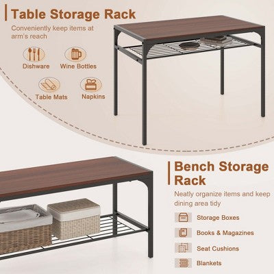 Costway Dining Table Set for 4 Rectangular Table with 2 Chairs, 1 Bench, Storage Racks Rustic Brown/Gray/Brown