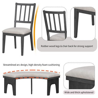 GDFStudio Agnes 5 Piece Rustic Round Dining Set with Upholstered Chairs and Curved Bench