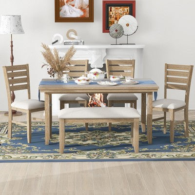 6-Piece Farmhouse Dining Table Set Dining Set with Rustic Dining Table, 4 High-back Dining Chairs and Bench, Natural Wood Wash/Gray-ModernLuxe