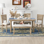 6-Piece Farmhouse Dining Table Set Dining Set with Rustic Dining Table, 4 High-back Dining Chairs and Bench, Natural Wood Wash/Gray-ModernLuxe