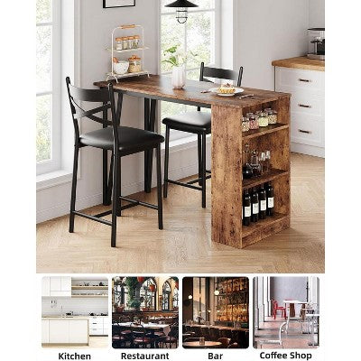 3 Piece Bar Table Set for 2, Bar Table and Chairs Set with with Flip Top Extension, Dining Table Set with Storage Shelves
