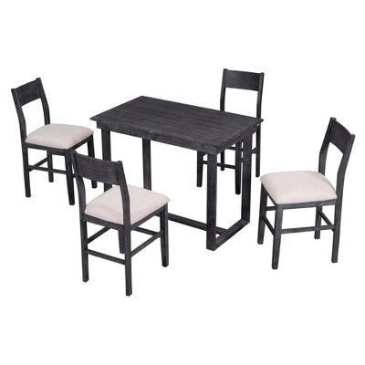 5 Pieces Counter Height Dining Set for 4, Farmhouse Wooden Bar Table Set with 4 Upholstered Chairs for Small Places