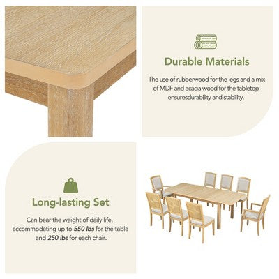 9 Pieces Extendable Dining Table Set for 6, Rectangular Kitchen Dining Table with Removable Leaf and 6 Armless Chairs and 2 Arm Chairs