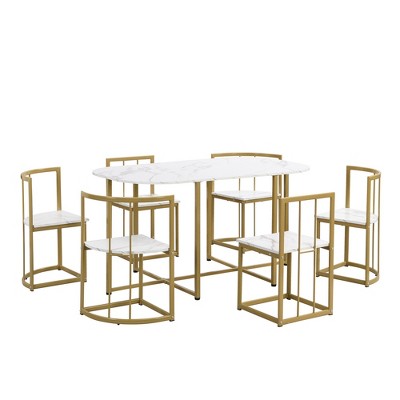 Modern Marble Dining Table Set for 6 with Metal Frame, Rectangular Marble Sticker Table and 6 Chairs for Dining Room Kitchen
