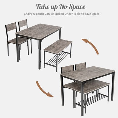 Costway 4pcs Dining Table Set Rustic Desk 2 Chairs & Bench w/ Storage Rack
