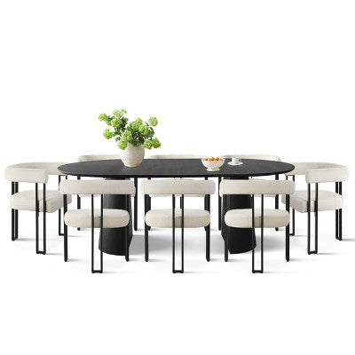 Expandable Round to Oval Dining Table Set with 8 Velvet Chairs, 3-in-1 Pedestal Dining Set, Seats 4 to 8, Modern Dining Room Set-Panipeachy