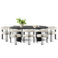 Expandable Round to Oval Dining Table Set with 8 Velvet Chairs, 3-in-1 Pedestal Dining Set, Seats 4 to 8, Modern Dining Room Set-Panipeachy