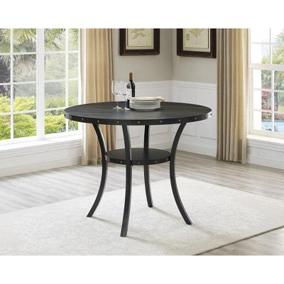 Biony Espresso Wood Counter Height Dining Set with Grey Fabric Nailhead Stools