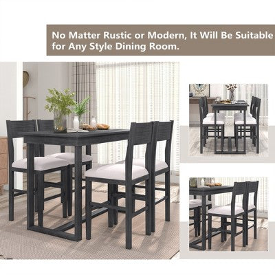5 Pieces Counter Height Dining Set for 4, Farmhouse Wooden Bar Table Set with 4 Upholstered Chairs for Small Places