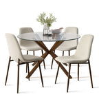 Olive+Oslo 5-Piece Dining Table Set for 4, Round Glass Dining Table with 4 Upholstered Dining Chairs Walnut Legs-Panipeachy