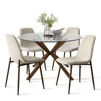 Olive+Oslo 5-Piece Dining Table Set for 4, Round Glass Dining Table with 4 Upholstered Dining Chairs Walnut Legs-Panipeachy