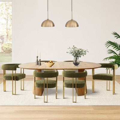 3-in-1 Oval Extendable Dining Table Set with 6 Chenille Upholstered Chairs Featuring Gold Metal Legs, Versatile Dining Furniture-Panipeachy