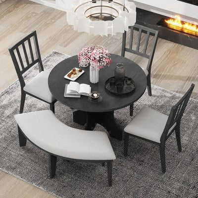 GDFStudio Agnes 5 Piece Rustic Round Dining Set with Upholstered Chairs and Curved Bench