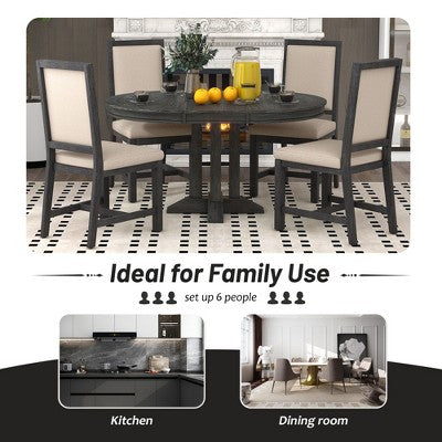 Farmhouse 5 Piece Kitchen Dining Set for 4, Solid Wood Extendable Round Dining Table Set and 4 Upholstered Chairs for Kitchen
