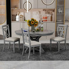 Farmhouse Extendable Round Dining Set for 4, Kitchen Dining Table Set with 4 Upholstered Dining Chairs for Dining Room