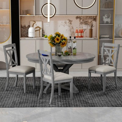 Farmhouse Extendable Round Dining Set for 4, Kitchen Dining Table Set with 4 Upholstered Dining Chairs for Dining Room