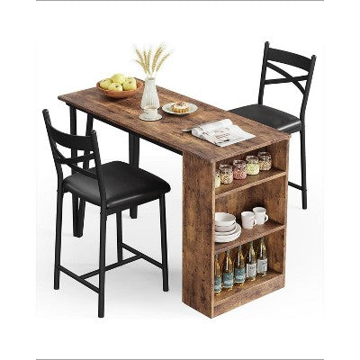 3 Piece Bar Table Set for 2, Bar Table and Chairs Set with with Flip Top Extension, Dining Table Set with Storage Shelves