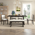 ModernLuxe 6-Piece Rustic Farmhouse Dining Set, Oak Veneer Dining Table with Trapezoid Legs, 4 Linen Upholstered Chairs+1 Bench