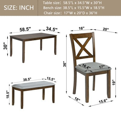 6-Piece Dining Set: Rectangular Wood Table, 4 Upholstered Chairs, Bench for Home Kitchen, Living Room, Bar