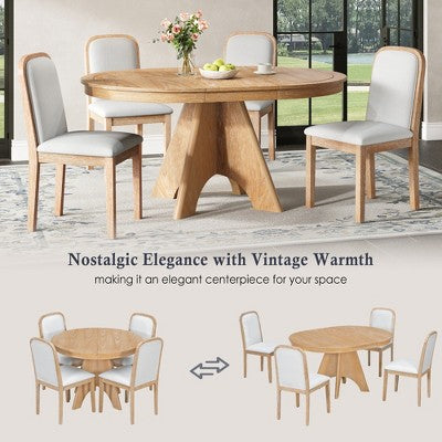 5 Piece Extendable Dining Table Set Dining Set for 4, Vintage Round Kitchen Table Set with 4 Upholstered Dining Chairs - ModernLuxe