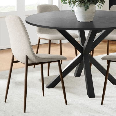 5 Pcs Dining Set for 4 Round Dining Table with Crossed Metal Legs and Oak Grain Upholstered Chairs for Kitchen and Dining Room - Panipeachy