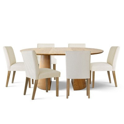 47-83 Extendable Dining Table Set for 6, Natural Wood-Tone Table and 6 Linen Armless Chairs with Solid Wood Legs for Dining Room-Panipeachy