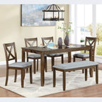 sumyeg 6 Piece Wooden Dining Table Set with Table, 4 Upholstered Chairs and Bench