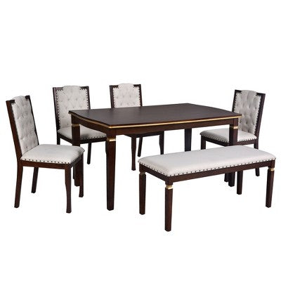 Retro 6 Pieces Kitchen Dining Table Set, Rectangular Table and 4 High-Back Tufted Chairs & Bench, Wood Dining Room Table Set for 6