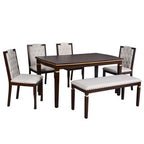 Retro 6 Pieces Kitchen Dining Table Set, Rectangular Table and 4 High-Back Tufted Chairs & Bench, Wood Dining Room Table Set for 6