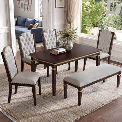 Retro 6 Pieces Kitchen Dining Table Set, Rectangular Table and 4 High-Back Tufted Chairs & Bench, Wood Dining Room Table Set for 6