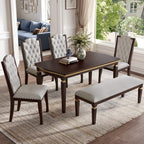 Retro 6 Pieces Kitchen Dining Table Set, Rectangular Table and 4 High-Back Tufted Chairs & Bench, Wood Dining Room Table Set for 6