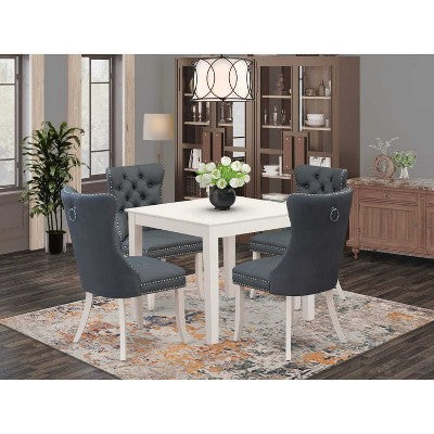 5-Piece Linen White Finish Solid Wood Top - Square Upholstered Dining Room Set - Seats 4