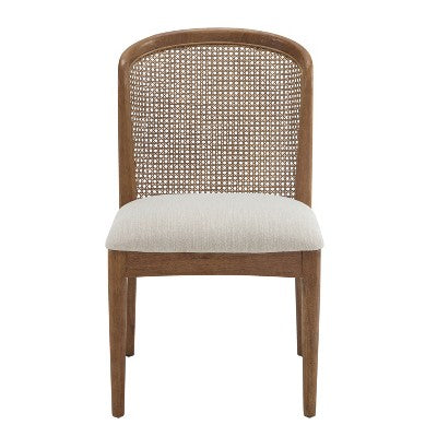 Christopher Knight Home Elowen 7-Piece Farmhouse Expandable Rubberwood Dining Set with Rattan Fabric Upholstered Chairs